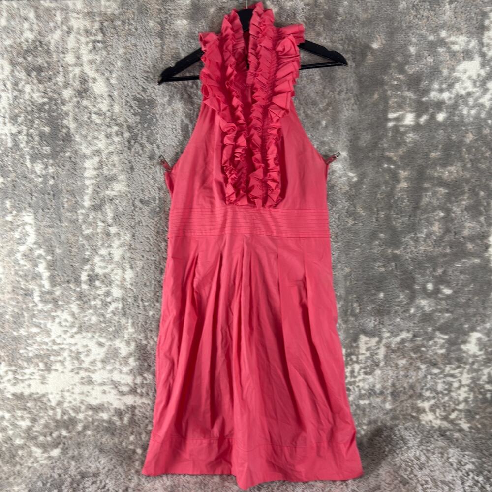 BCBGMaxazria Sz 12 Halterโ Neck Ruffle Stretch Knee Length Pink Dress Sleeveless